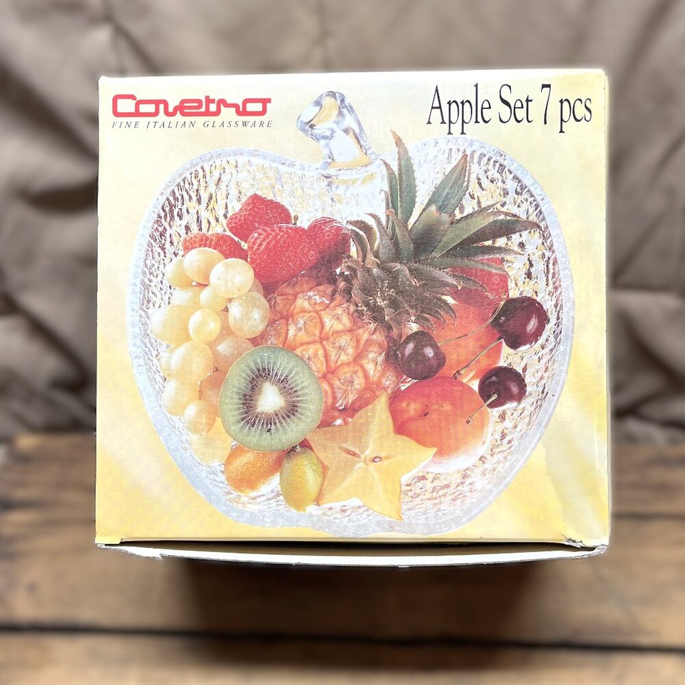 Vintage Covetro Italian Glass Apple Fruit Bowl - 7 Piece Set - Original Box
